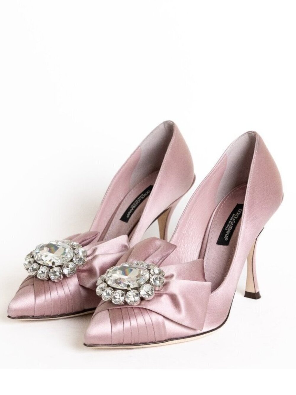 Dolce & Gabbana Pink Satin Crystal Bow Brooch Pump Pointed Toe Heel EU 35